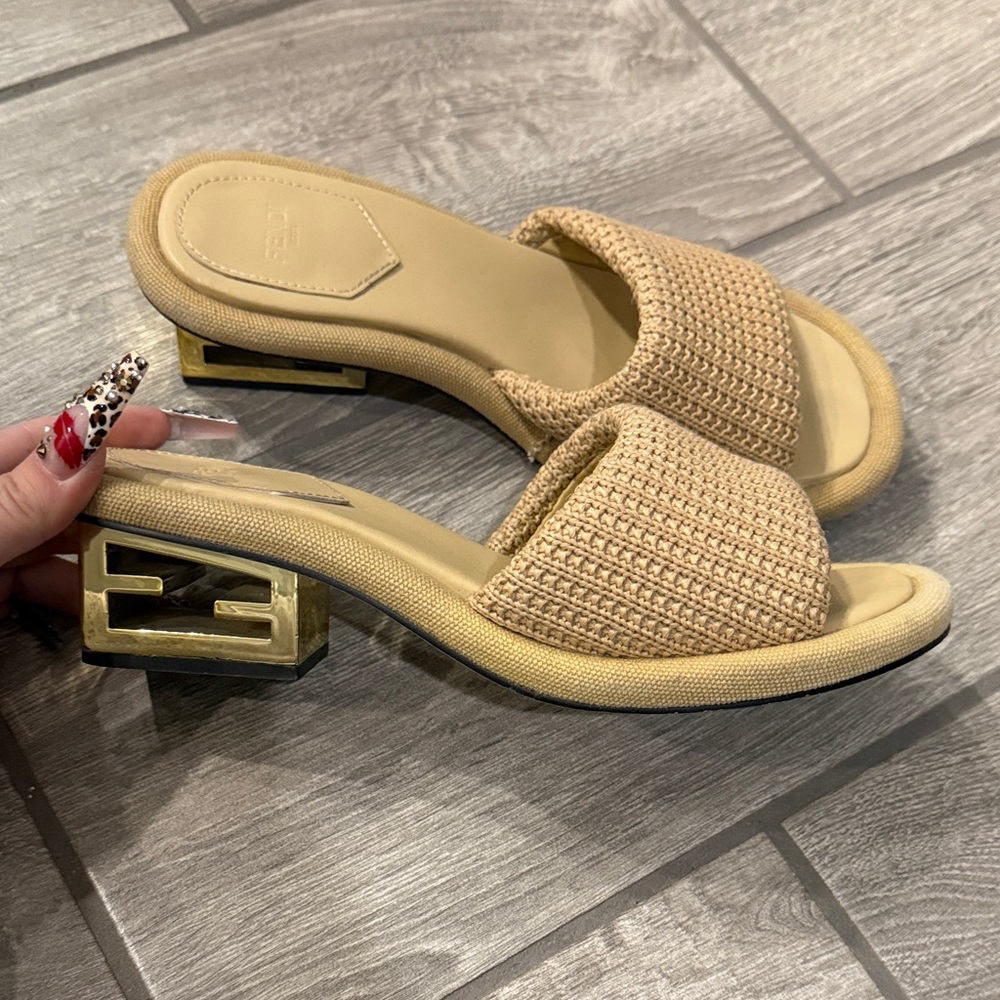 Fendi Beige Woven Mules with Gold Heel